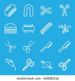 Scissors icons set. set of 16 scissors outline icons such as comb, hairstyle, hair curler