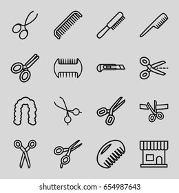 Scissors icons set. set of 16 scissors outline icons such as comb, beauty salon, hairstyle