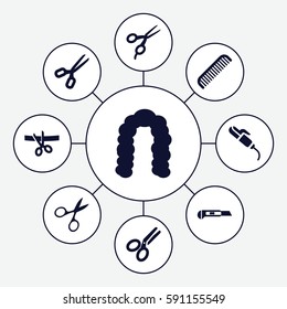 scissors icons set. Set of 9 scissors filled icons such as comb, hairstyle, hair curler