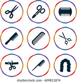 Scissors icons set. set of 9 scissors filled icons such as a comb