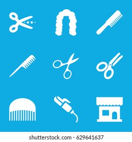 Scissors icons set. set of 9 scissors filled icons such as comb, beauty salon, hairstyle