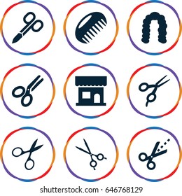 Scissors icons set. set of 9 scissors filled icons such as comb, beauty salon