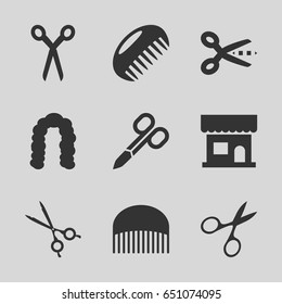 Scissors icons set. set of 9 scissors filled icons such as comb, beauty salon