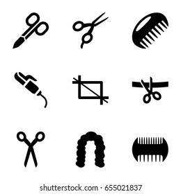 Scissors icons set. set of 9 scissors filled icons such as comb, hairstyle, hair curler