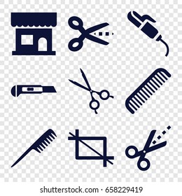 Scissors icons set. set of 9 scissors filled icons such as comb, beauty salon, hair curler, cutter