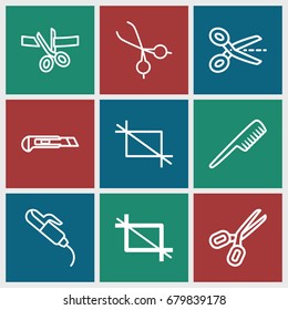 Scissors icons set. set of 9 scissors filled and outline icons such as crop, comb, hair curler