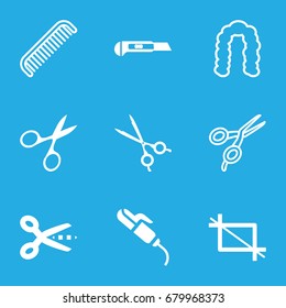 Scissors icons set. set of 9 scissors filled and outline icons such as hair curler, cutter, crop, comb