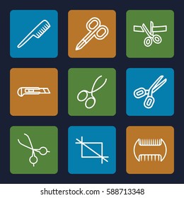 scissors icons set. Set of 9 scissors outline icons such as comb, cutter