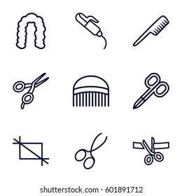 scissors icons set. Set of 9 scissors outline icons such as comb, hairstyle, hair curler
