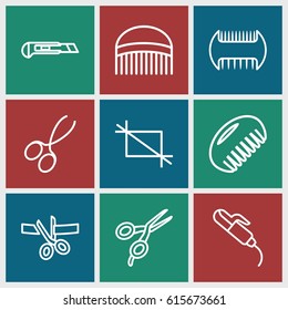 Scissors icons set. set of 9 scissors outline icons such as comb, hair curler, cutter