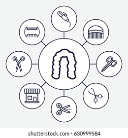 Scissors icons set. set of 9 scissors outline icons such as comb, beauty salon, hairstyle