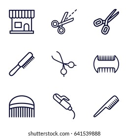 Scissors icons set. set of 9 scissors outline icons such as comb, beauty salon