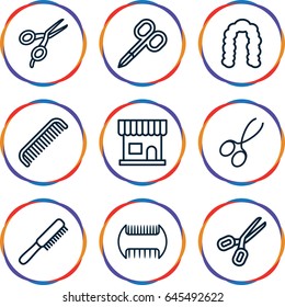 Scissors icons set. set of 9 scissors outline icons such as comb, beauty salon