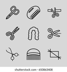 Scissors icons set. set of 9 scissors outline icons such as comb, hairstyle