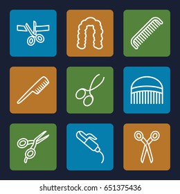 Scissors icons set. set of 9 scissors outline icons such as comb, hairstyle