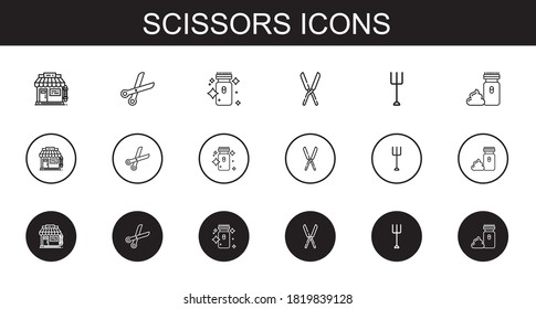 scissors icons set. Collection of scissors with barbershop, electric razor, shears, garden. Editable and scalable scissors icons.