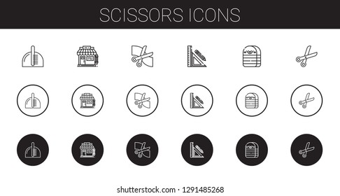 scissors icons set. Collection of scissors with comb, barbershop, stationery, eraser. Editable and scalable scissors icons.
