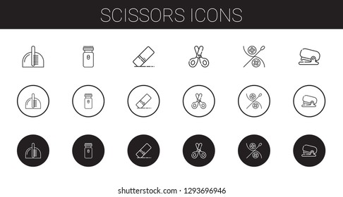 scissors icons set. Collection of scissors with comb, electric razor, eraser, sewing, stapler. Editable and scalable scissors icons.