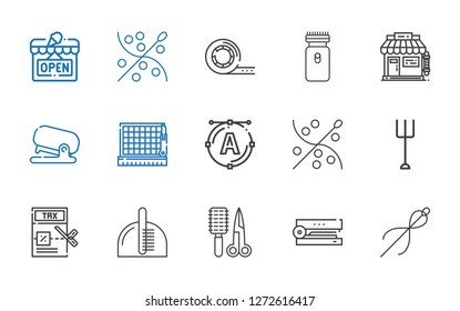 scissors icons set. Collection of scissors with sewing, stapler, comb, tax, garden, font, cutting, barbershop, electric razor, tape, open. Editable and scalable scissors icons.