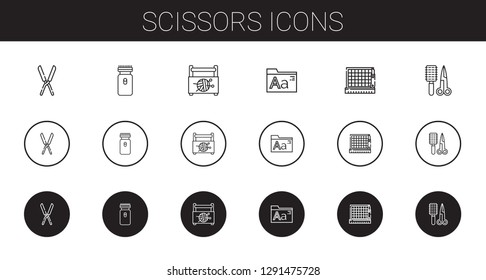 scissors icons set. Collection of scissors with shears, electric razor, sewing box, fonts, cutting, comb. Editable and scalable scissors icons.