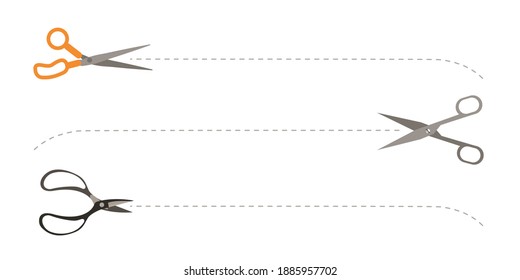 Iconos de tijeras con línea de corte. Ilustración de icono del vector aislada en fondo blanco. Icono de corte de cupones