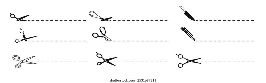 Scissors icons set with cut lines. Set of black scissors isolated on transparent background