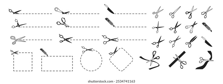 Iconos de tijeras con líneas cortadas. Conjunto de tijeras negras aisladas sobre fondo transparente