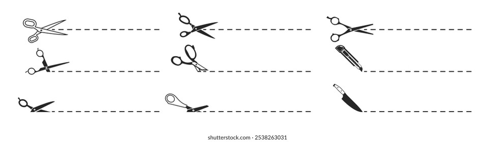 Iconos de tijeras con líneas cortadas. Conjunto de tijeras negras aisladas sobre fondo transparente