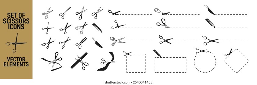 Iconos de tijeras con líneas cortadas. Conjunto de tijeras negras aisladas sobre fondo transparente