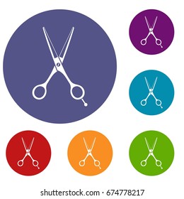 Scissors icons set in flat circle reb, blue and green color for web