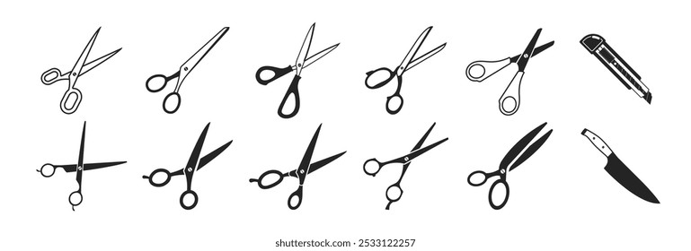 Conjunto de iconos de tijeras aislados sobre fondo transparente. 