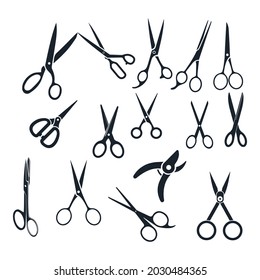 Scissors icons set stock illustration. The icon includes professional hair cutting scissors, Tailor’s scissors, Contour medical scissors, Embroidery, Crafting, Gardening, Cutting, Grooming, Barber