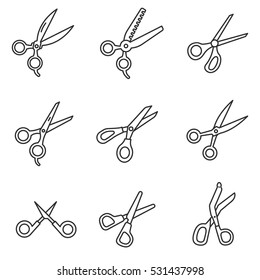 iconos de tijeras. varias tijeras especializadas, diseño de línea delgada. gama de herramientas, colección de símbolos lineales. ilustración vectorial aislada.