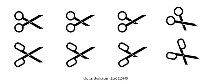 Scissors icons, symbols with cut blades in black. Set of silhouettes of scissors shapes for hair and hairdresser. Clipart. Illustration. Vector.