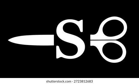 Una ilustración de tijeras compuesta por una hoja afilada blanca y una parte de la letra "S" con bucles de mango