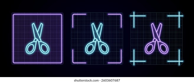 Scissors illustration, cyber neon visual, glowing border grid vector.	