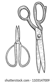 Scissors illustration, drawing, engraving, ink, line art, vector
