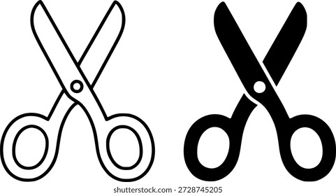 Illustrationssymbol Schere, schwarz-weiß in Umriss- und Silhouettenversionen
