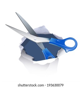 scissors inside hole paper over white background