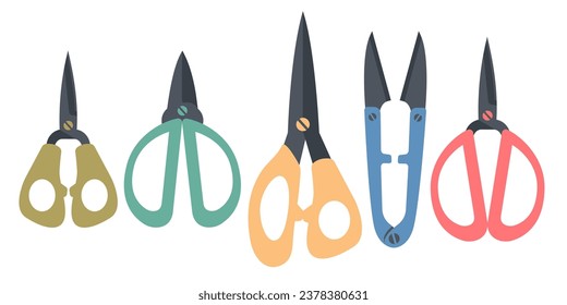Scissors isolated on white background. Scissors sewing  set for production and tailoring, knitting. Traditional classic Color snip template for handmade hobbies, handicraft. Vector illustration