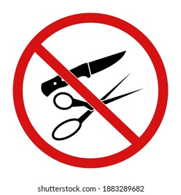 Scissors, knife prohibition . Flat style. Red circle. Warning sign. Black and red colors. Stock vector illustration on white isolated background.