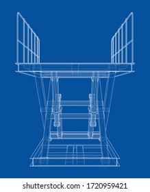 Esquema de concepto de elevación de tijeras. Representación vectorial de 3d. Estilo de marco de cables. Las capas de líneas visibles e invisibles están separadas
