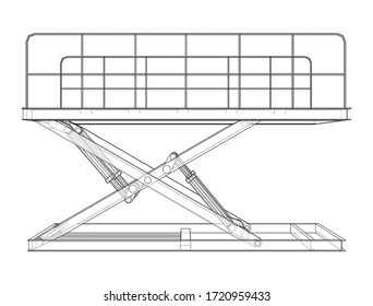 Schere hebt Concept-Umriss auf. Vektorgrafik von 3d. Wire-Frame-Stil. Die Schichten sichtbarer und unsichtbarer Linien sind getrennt
