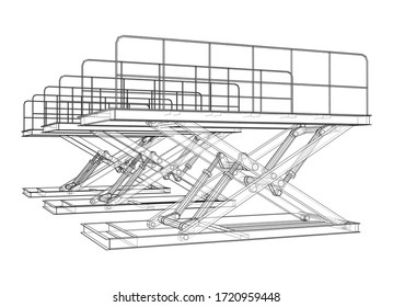 Scissors lift concept outline. Vector rendering of 3d. Wire-frame style. The layers of visible and invisible lines are separated