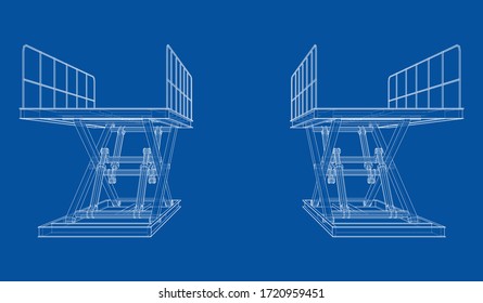 Scissors lift concept outline. Vector rendering of 3d. Wire-frame style. The layers of visible and invisible lines are separated