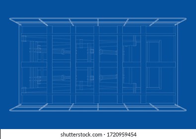 Schere hebt Concept-Umriss auf. Vektorgrafik von 3d. Wire-Frame-Stil. Die Schichten sichtbarer und unsichtbarer Linien sind getrennt