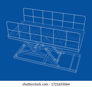 Scissors lift concept outline. Vector rendering of 3d. Wire-frame style. The layers of visible and invisible lines are separated