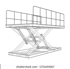 Schere hebt Concept-Umriss auf. Vektorgrafik von 3d. Wire-Frame-Stil. Die Schichten sichtbarer und unsichtbarer Linien sind getrennt