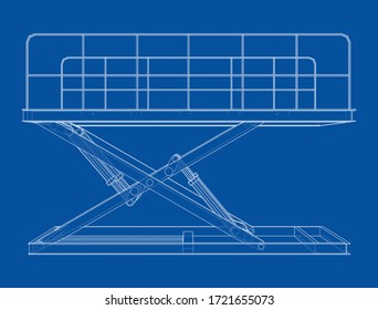 Scissors lift concept outline. Vector rendering of 3d. Wire-frame style. The layers of visible and invisible lines are separated