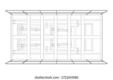 Schere hebt Concept-Umriss auf. Vektorgrafik von 3d. Wire-Frame-Stil. Die Schichten sichtbarer und unsichtbarer Linien sind getrennt